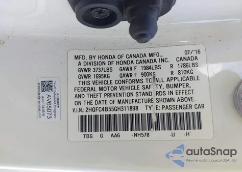 2016 Honda Civic Lx из США, поврежденный, VIN 2HGFC4B55GH311898